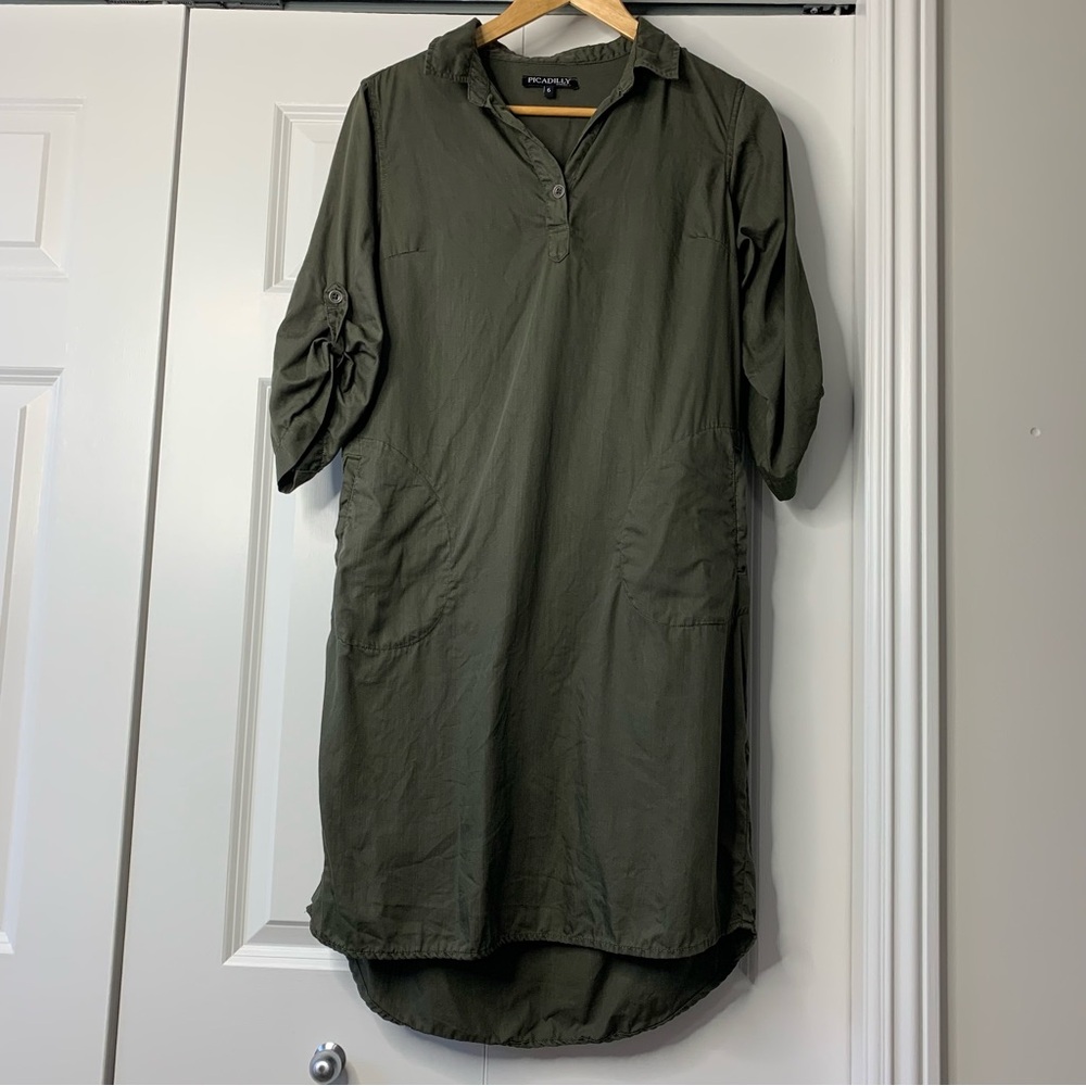 PICADILLY  Khaki Green 3/4 Sleeve Shirt Dress, Patch Pockets, Women’s Size 6